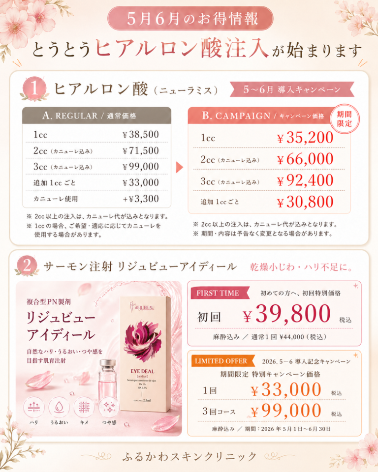 ヒアルロン酸注入とリジュビューアイディールの5月・6月キャンペーン案内