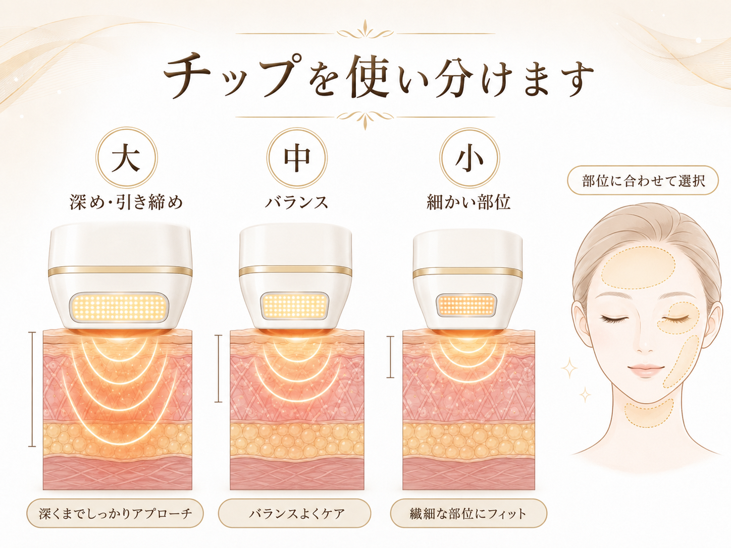 大中小のチップを部位に合わせて使い分けるイメージ