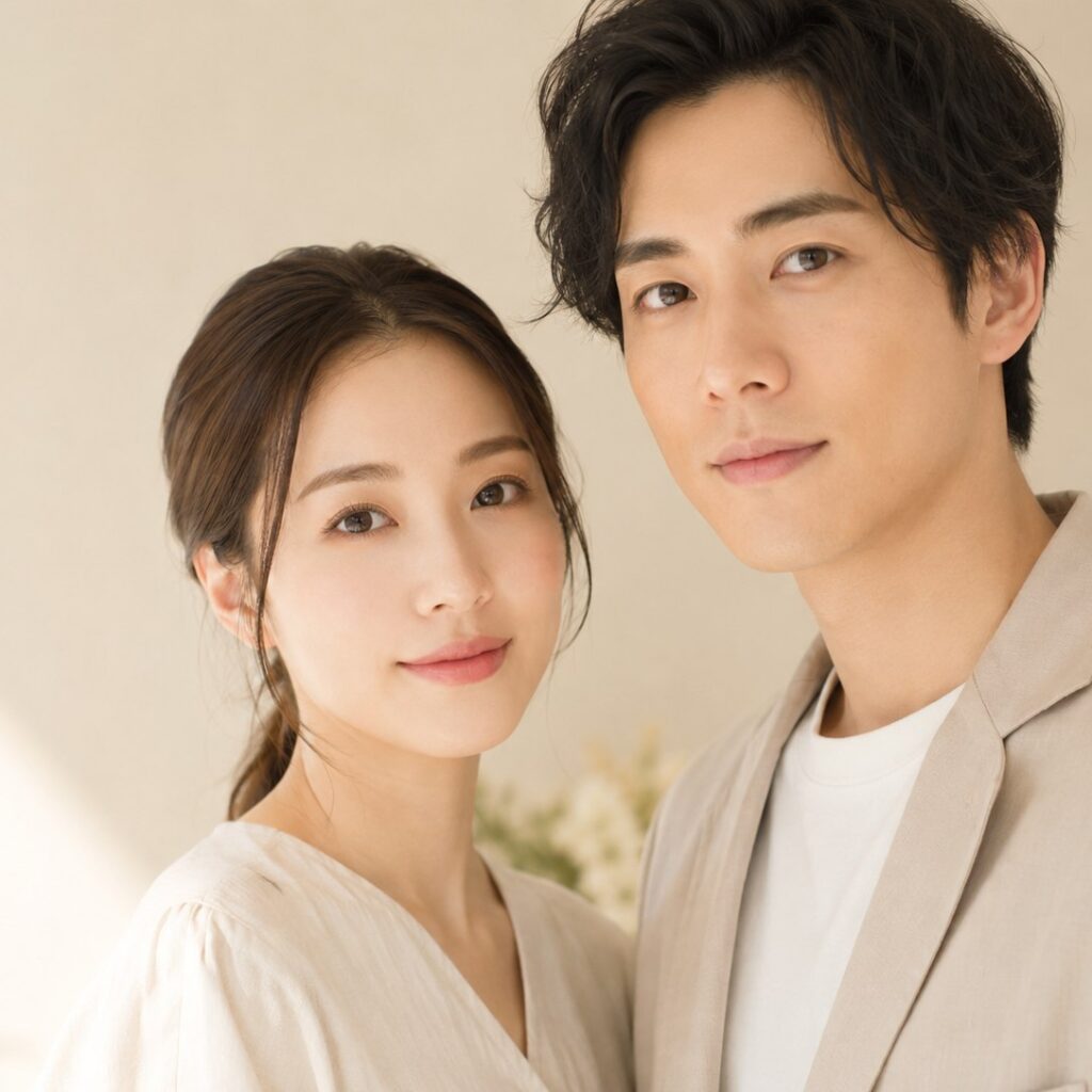 自然な眉とリップの医療アートメイクをイメージした男女のポートレート